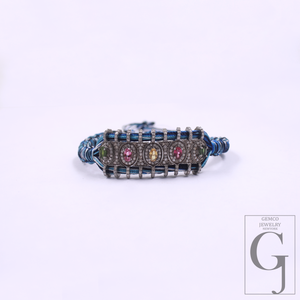 Blue Macrame Bracelet – Multi Tourmaline With Pave Diamonds In 925 Sterling Silver