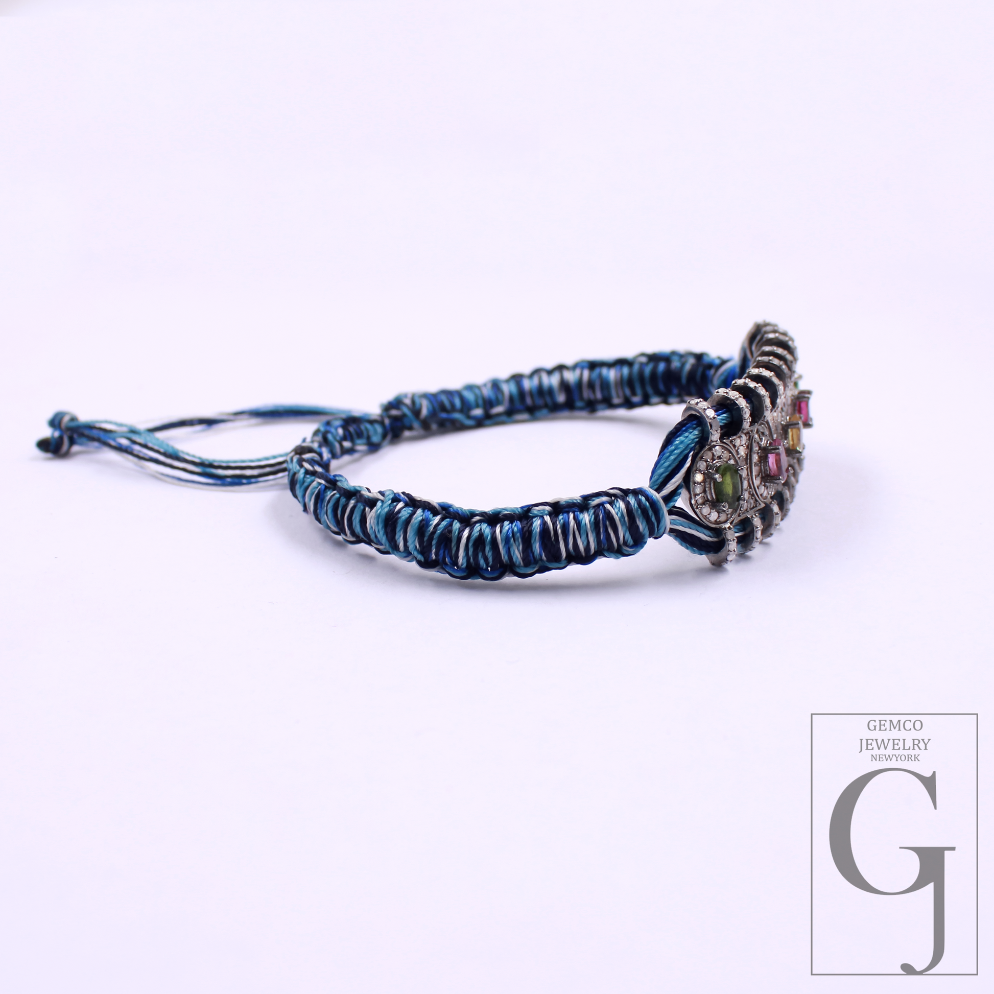 Blue Macrame Bracelet – Multi Tourmaline With Pave Diamonds In 925 Sterling Silver