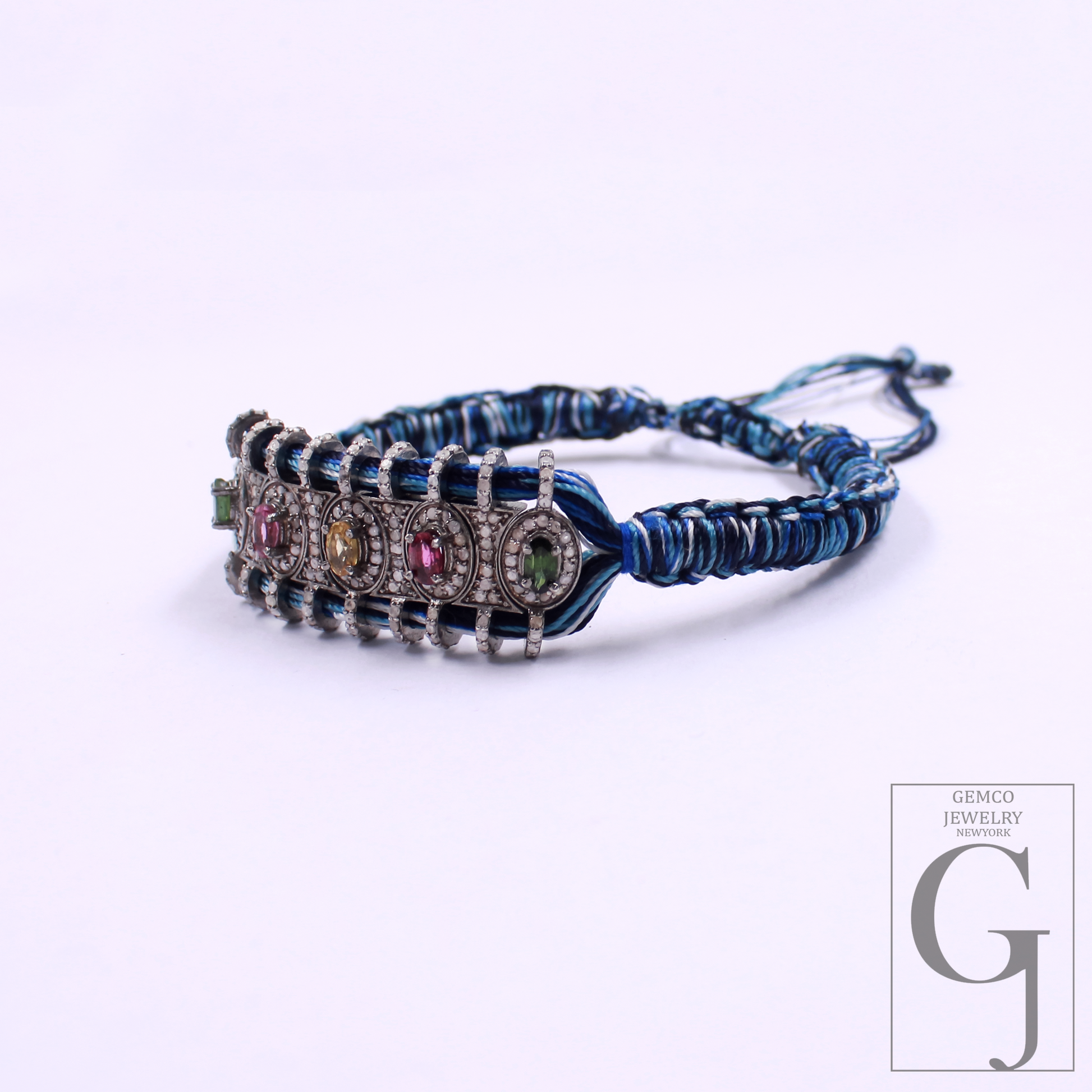 Blue Macrame Bracelet – Multi Tourmaline With Pave Diamonds In 925 Sterling Silver