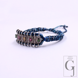 Blue Macrame Bracelet – Multi Tourmaline With Pave Diamonds In 925 Sterling Silver