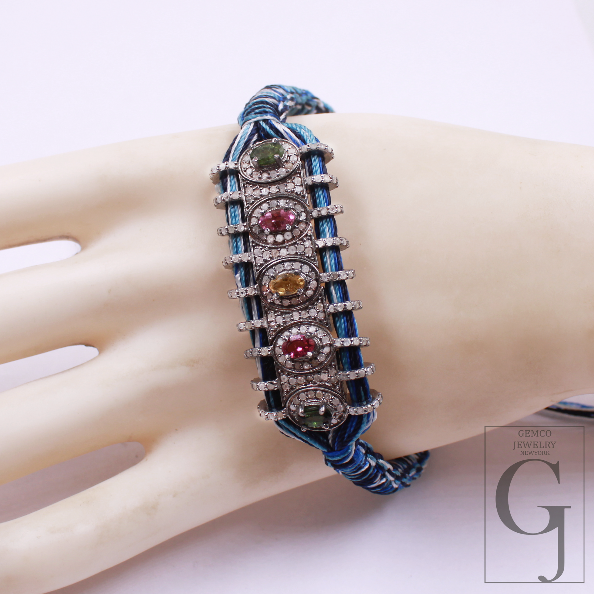 Blue Macrame Bracelet – Multi Tourmaline With Pave Diamonds In 925 Sterling Silver