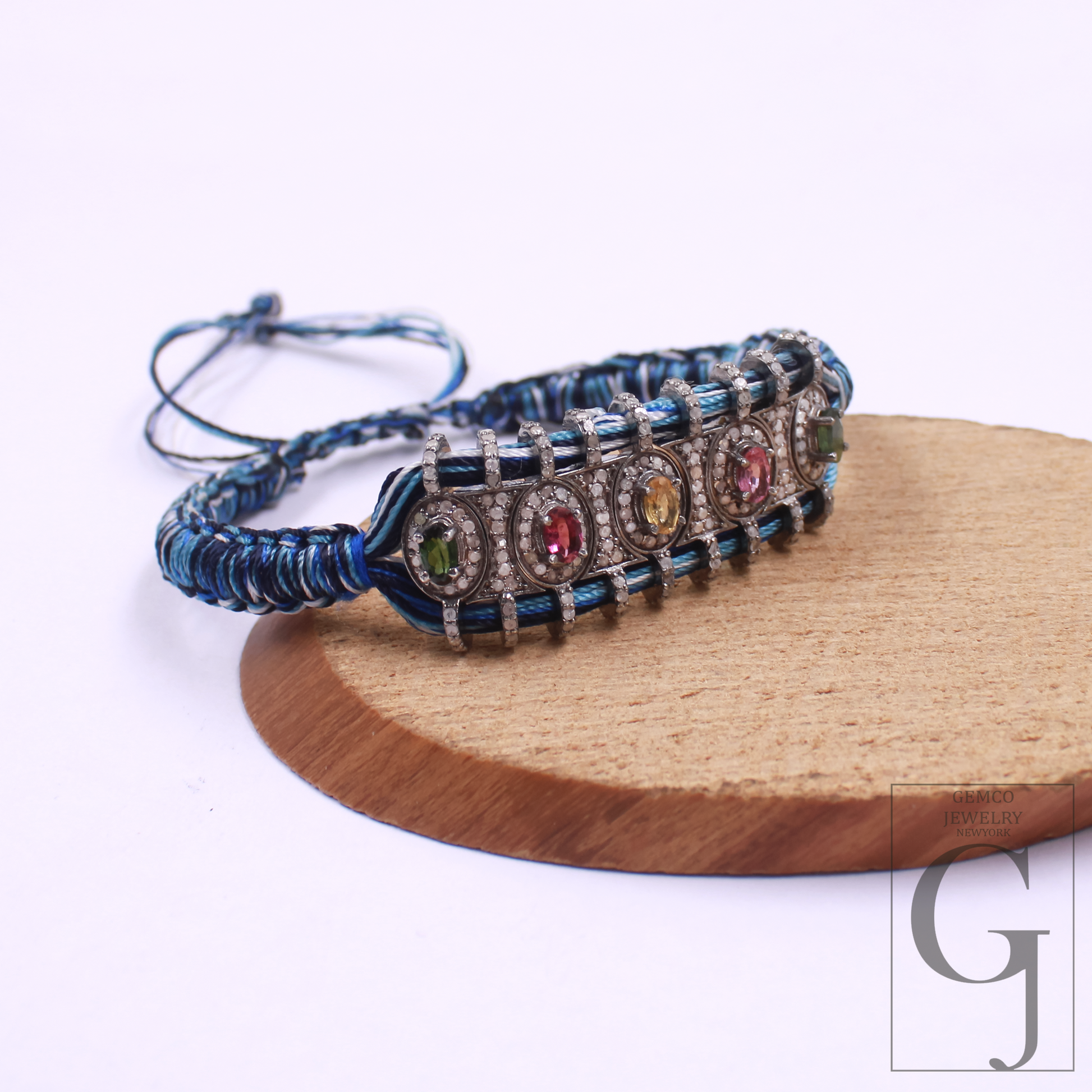 Blue Macrame Bracelet – Multi Tourmaline With Pave Diamonds In 925 Sterling Silver