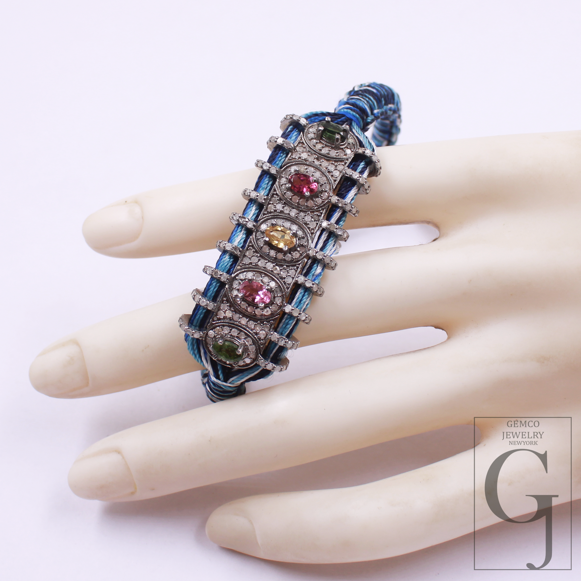 Blue Macrame Bracelet – Multi Tourmaline With Pave Diamonds In 925 Sterling Silver