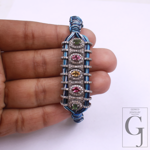 Blue Macrame Bracelet – Multi Tourmaline With Pave Diamonds In 925 Sterling Silver