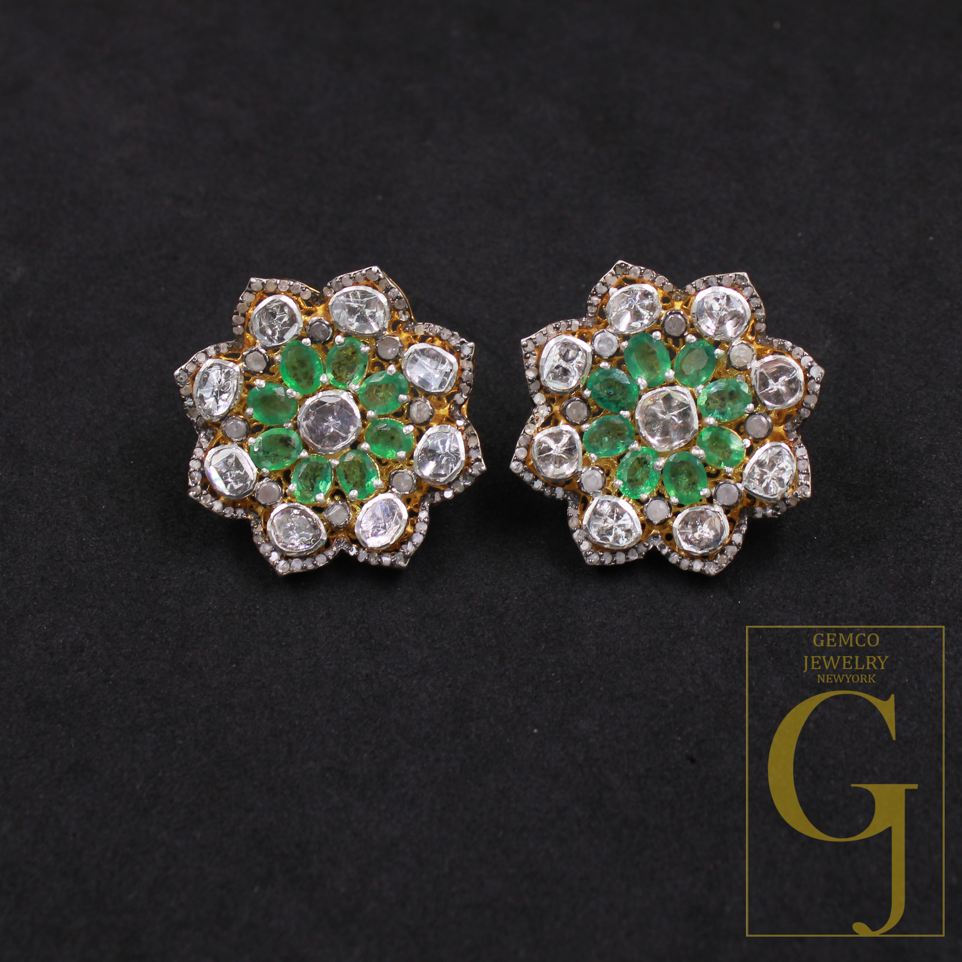 Natural Emerald And Polki Diamonds Earrings In 925 Sterling Silver – Handmade Finish Luxury Jewelry Pair Gift For Her