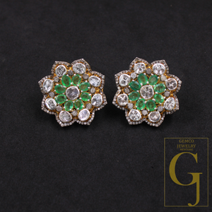 Natural Emerald And Polki Diamonds Earrings In 925 Sterling Silver – Handmade Finish Luxury Jewelry Pair Gift For Her