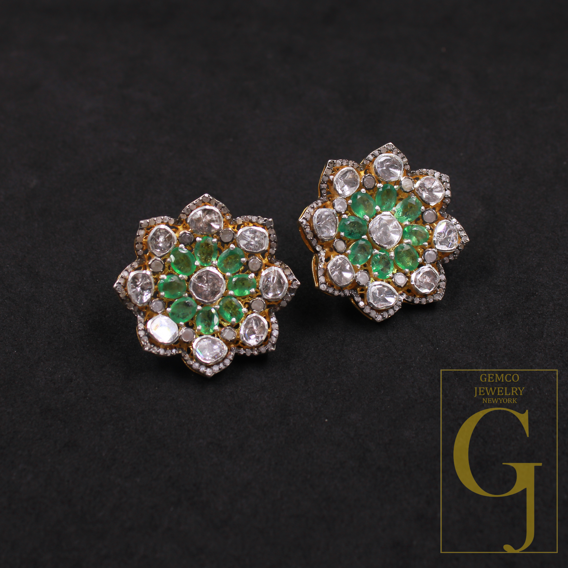 Natural Emerald And Polki Diamonds Earrings In 925 Sterling Silver – Handmade Finish Luxury Jewelry Pair Gift For Her