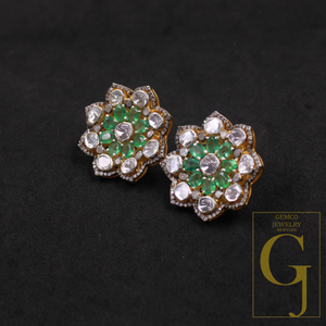 Natural Emerald And Polki Diamonds Earrings In 925 Sterling Silver – Handmade Finish Luxury Jewelry Pair Gift For Her