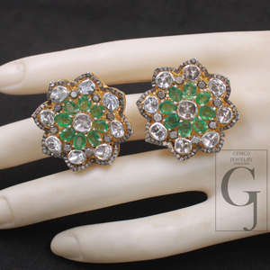 Natural Emerald And Polki Diamonds Earrings In 925 Sterling Silver – Handmade Finish Luxury Jewelry Pair Gift For Her