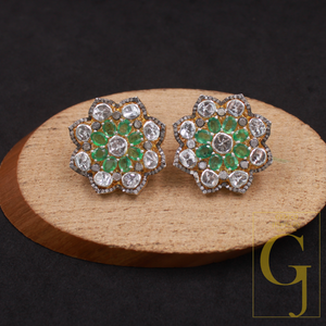 Natural Emerald And Polki Diamonds Earrings In 925 Sterling Silver – Handmade Finish Luxury Jewelry Pair Gift For Her