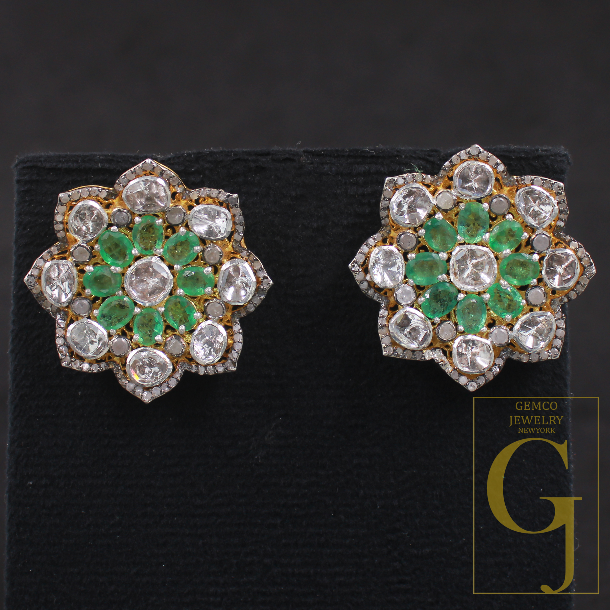 Natural Emerald And Polki Diamonds Earrings In 925 Sterling Silver – Handmade Finish Luxury Jewelry Pair Gift For Her
