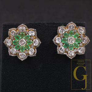 Natural Emerald And Polki Diamonds Earrings In 925 Sterling Silver – Handmade Finish Luxury Jewelry Pair Gift For Her