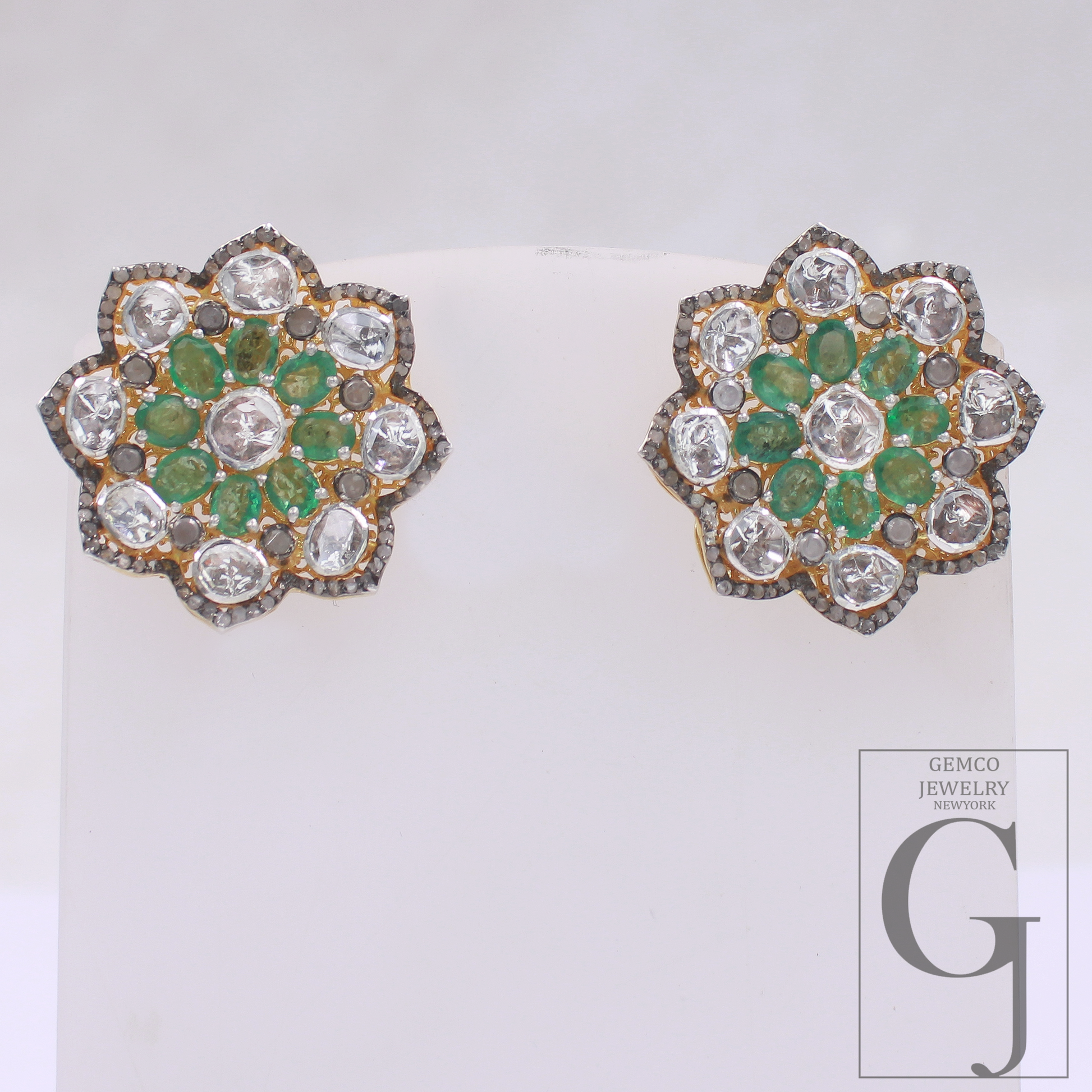 Natural Emerald And Polki Diamonds Earrings In 925 Sterling Silver – Handmade Finish Luxury Jewelry Pair Gift For Her