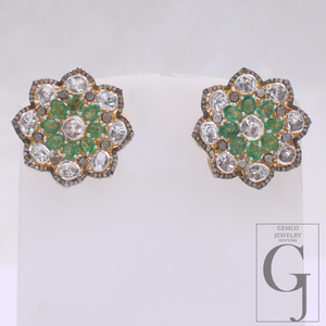 Natural Emerald And Polki Diamonds Earrings In 925 Sterling Silver – Handmade Finish Luxury Jewelry Pair Gift For Her