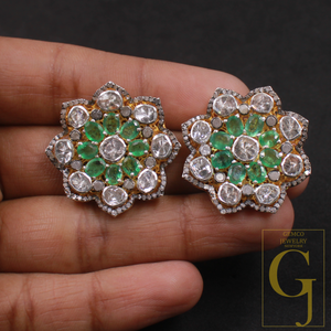 Natural Emerald And Polki Diamonds Earrings In 925 Sterling Silver – Handmade Finish Luxury Jewelry Pair Gift For Her