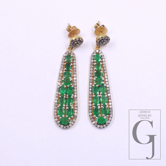Natural Emerald Pave Diamonds Earrings 925 Sterling Silver Handmade Pave Diamonds Earring, Emerald Gemstone Jewelry