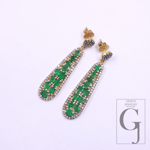 Natural Emerald Pave Diamonds Earrings 925 Sterling Silver Handmade Pave Diamonds Earring, Emerald Gemstone Jewelry