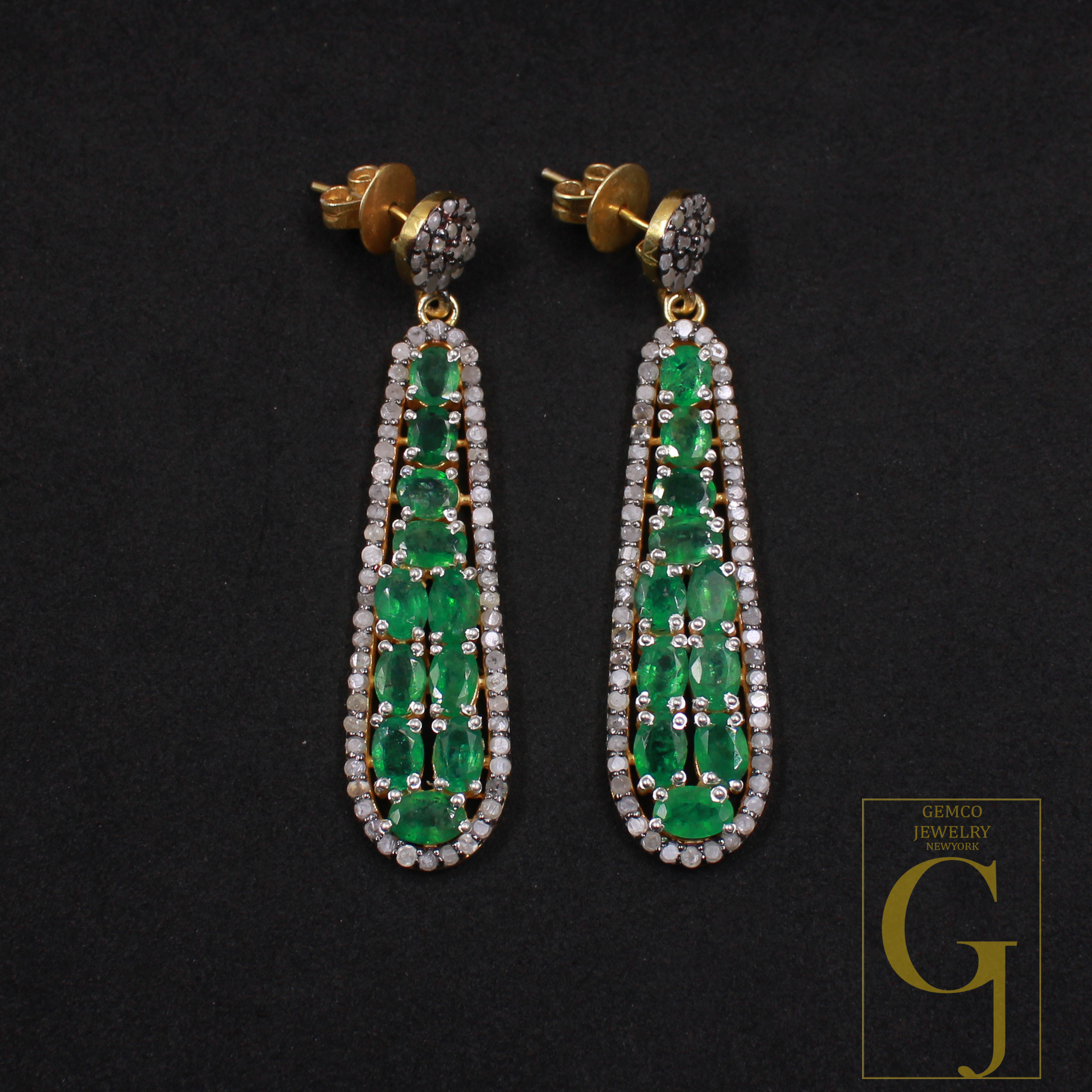 Natural Emerald Pave Diamonds Earrings 925 Sterling Silver Handmade Pave Diamonds Earring, Emerald Gemstone Jewelry