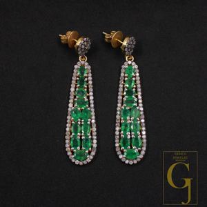 Natural Emerald Pave Diamonds Earrings 925 Sterling Silver Handmade Pave Diamonds Earring, Emerald Gemstone Jewelry