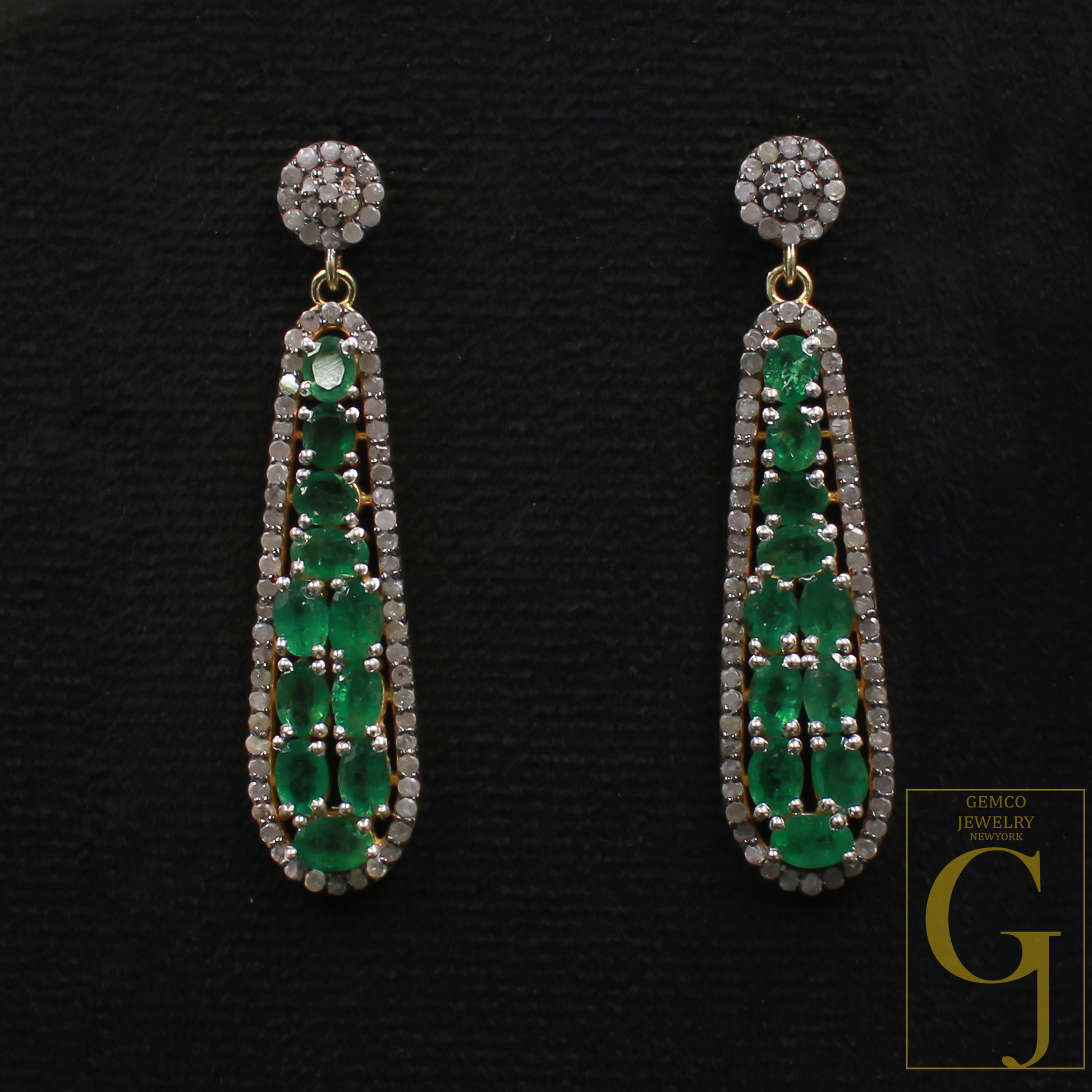 Natural Emerald Pave Diamonds Earrings 925 Sterling Silver Handmade Pave Diamonds Earring, Emerald Gemstone Jewelry