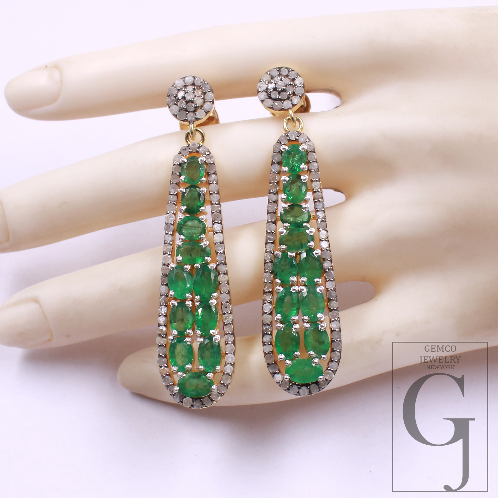 Natural Emerald Pave Diamonds Earrings 925 Sterling Silver Handmade Pave Diamonds Earring, Emerald Gemstone Jewelry