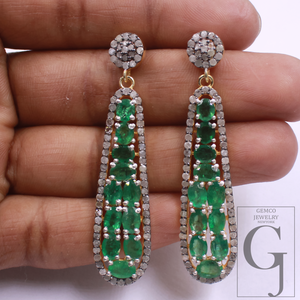 Natural Emerald Pave Diamonds Earrings 925 Sterling Silver Handmade Pave Diamonds Earring, Emerald Gemstone Jewelry