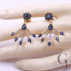 Natural Blue Sapphire Earrings With Pave Diamonds In 925 Sterling Silver Handmade Jewelry Gift For Her