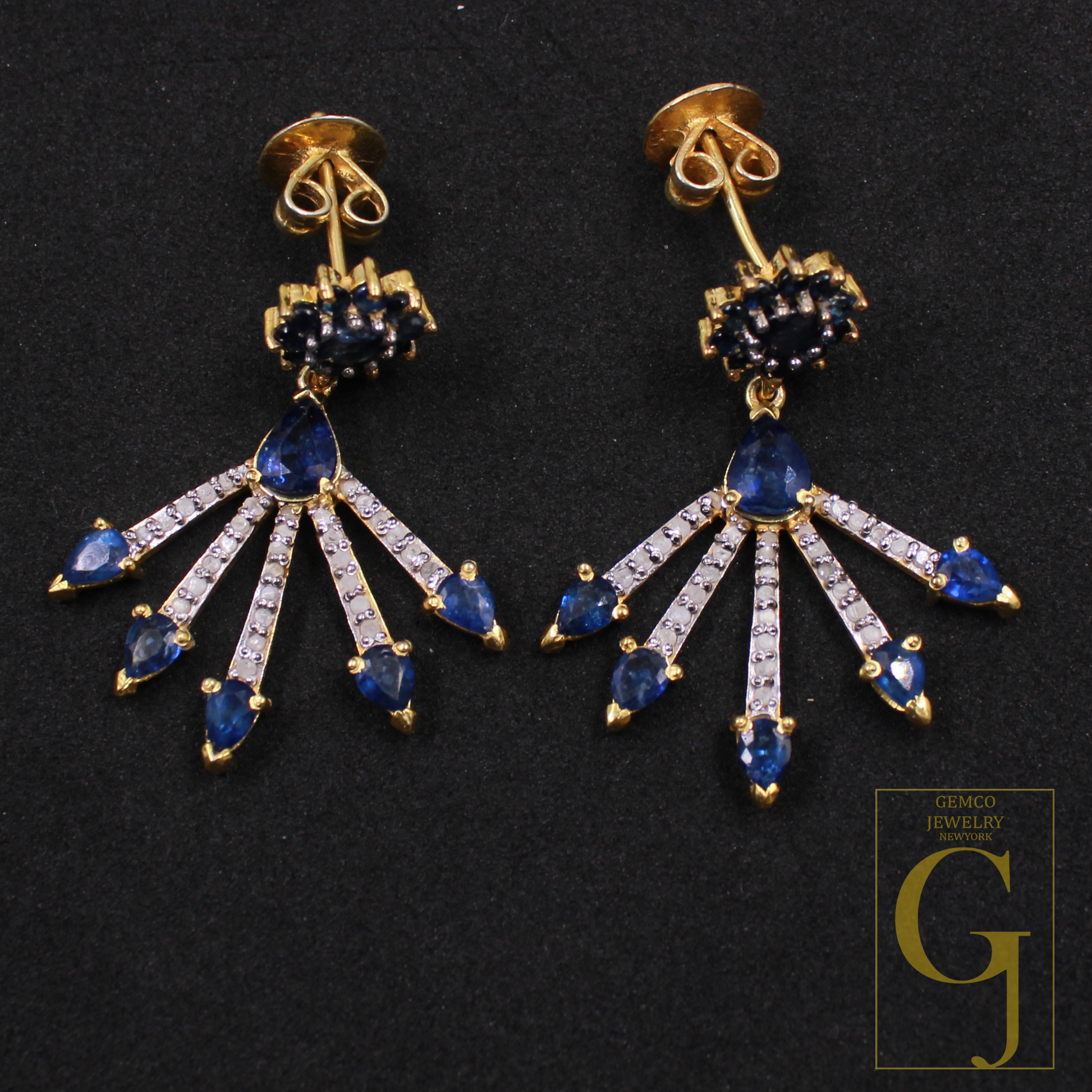 Natural Blue Sapphire Earrings With Pave Diamonds In 925 Sterling Silver Handmade Jewelry Gift For Her