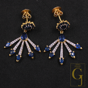 Natural Blue Sapphire Earrings With Pave Diamonds In 925 Sterling Silver Handmade Jewelry Gift For Her