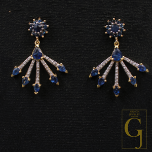 Natural Blue Sapphire Earrings With Pave Diamonds In 925 Sterling Silver Handmade Jewelry Gift For Her