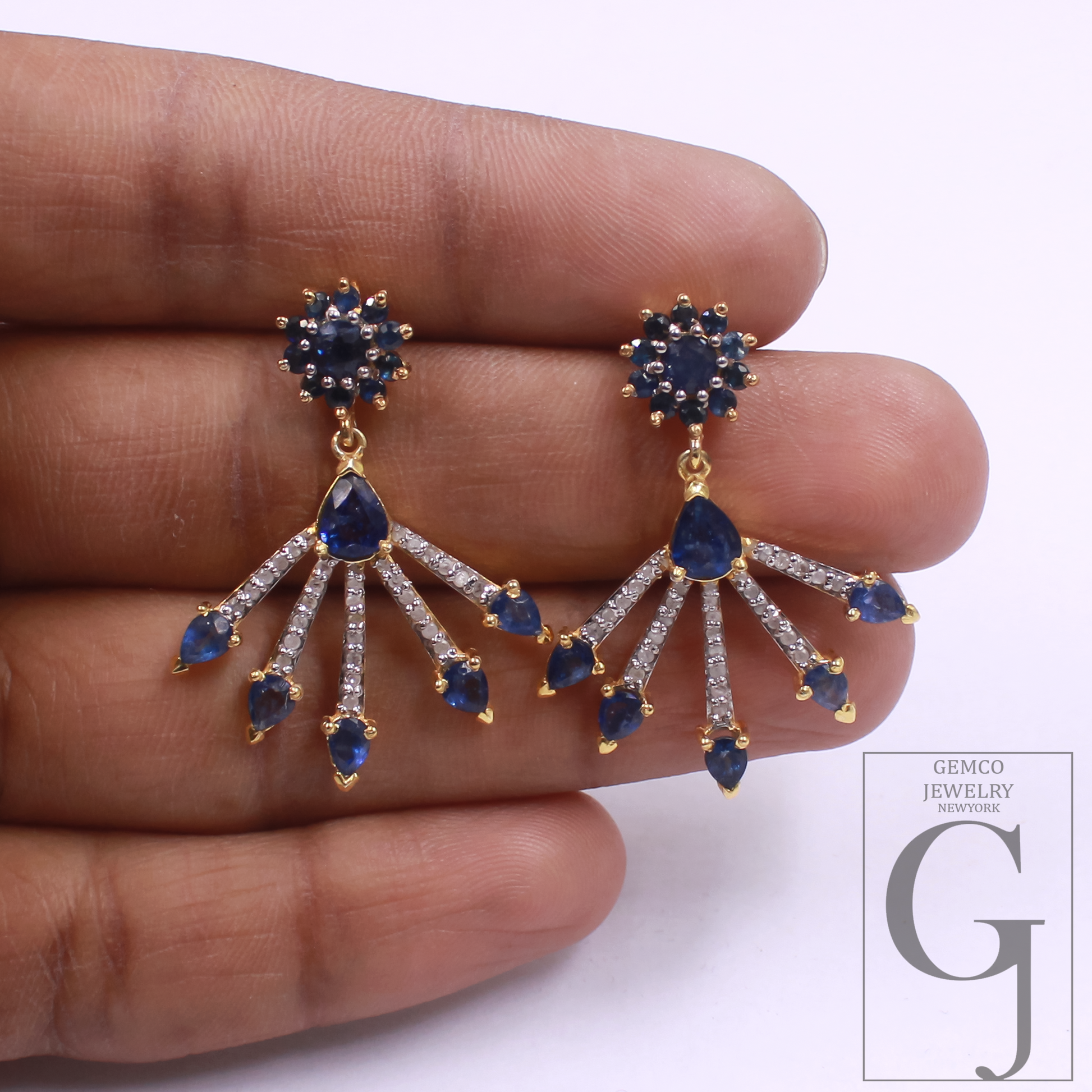Natural Blue Sapphire Earrings With Pave Diamonds In 925 Sterling Silver Handmade Jewelry Gift For Her