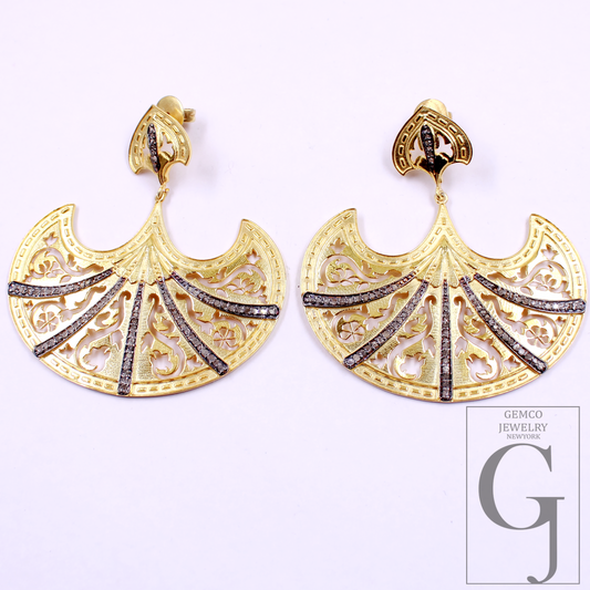 Natural Pave Diamonds Earrings With Vermeil Gold In 925 Sterling Silver Handmade Pave Diamonds Earrings For Her
