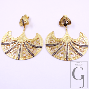 Natural Pave Diamonds Earrings With Vermeil Gold In 925 Sterling Silver Handmade Pave Diamonds Earrings For Her