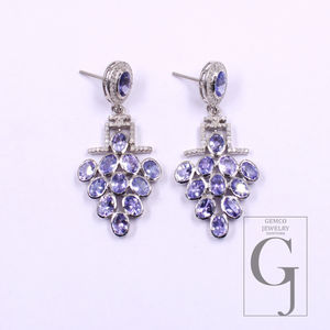 Natural Tanzanite Earring With Pave Diamonds In 925 Sterling Silver Handmade Earring With Natural Gemstone