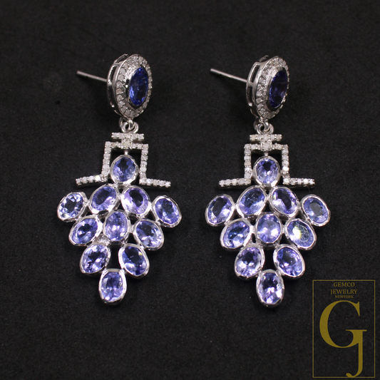 Natural Tanzanite Earring With Pave Diamonds In 925 Sterling Silver Handmade Earring With Natural Gemstone