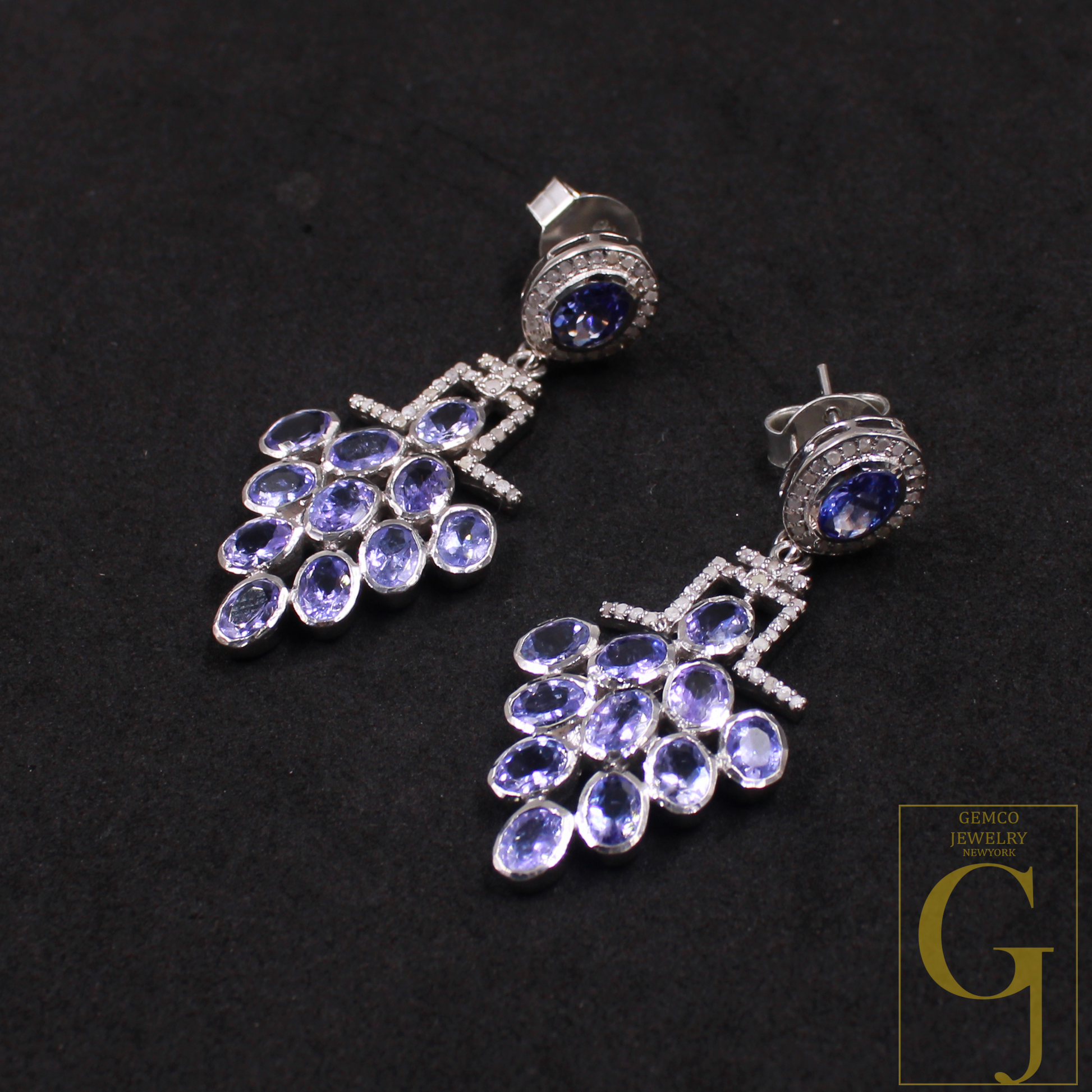 Natural Tanzanite Earring With Pave Diamonds In 925 Sterling Silver Handmade Earring With Natural Gemstone