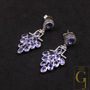 Natural Tanzanite Earring With Pave Diamonds In 925 Sterling Silver Handmade Earring With Natural Gemstone