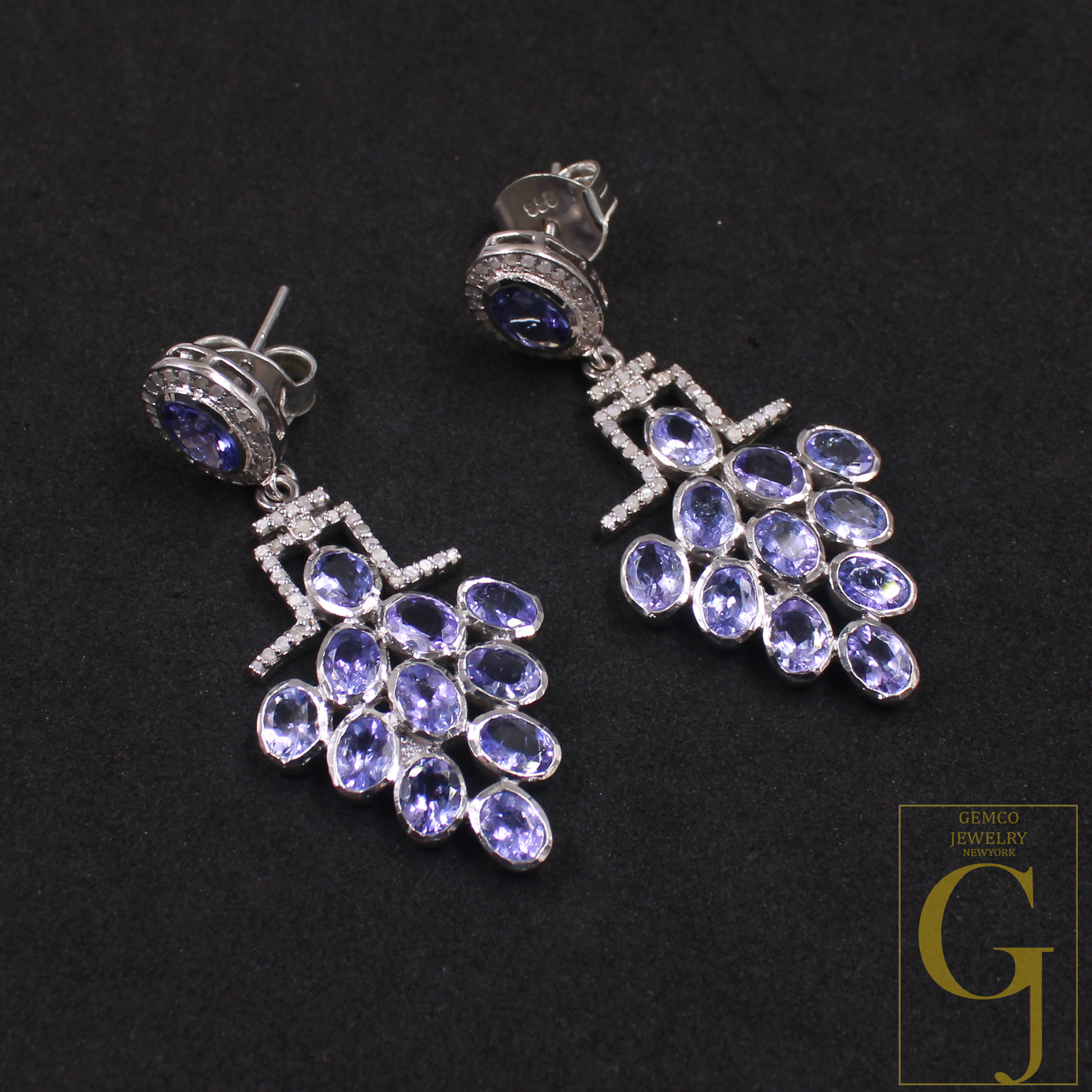 Natural Tanzanite Earring With Pave Diamonds In 925 Sterling Silver Handmade Earring With Natural Gemstone