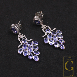 Natural Tanzanite Earring With Pave Diamonds In 925 Sterling Silver Handmade Earring With Natural Gemstone
