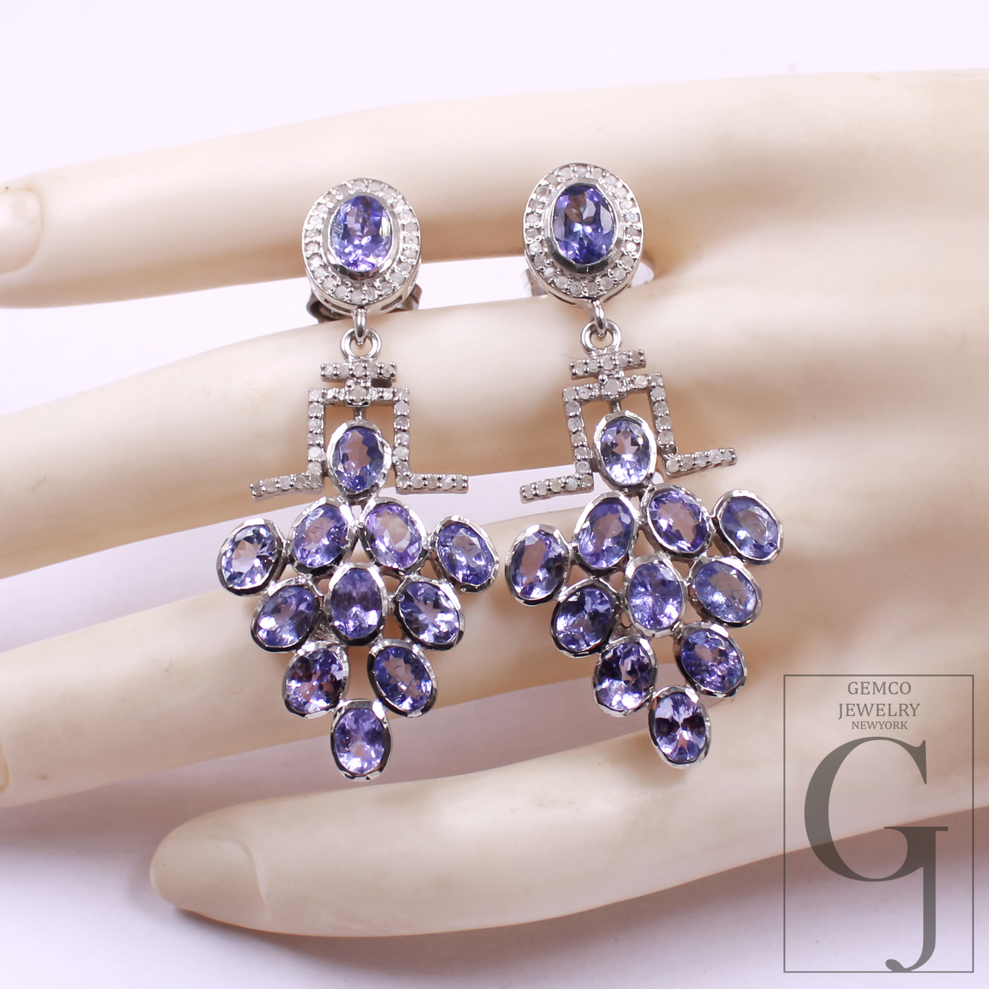 Natural Tanzanite Earring With Pave Diamonds In 925 Sterling Silver Handmade Earring With Natural Gemstone