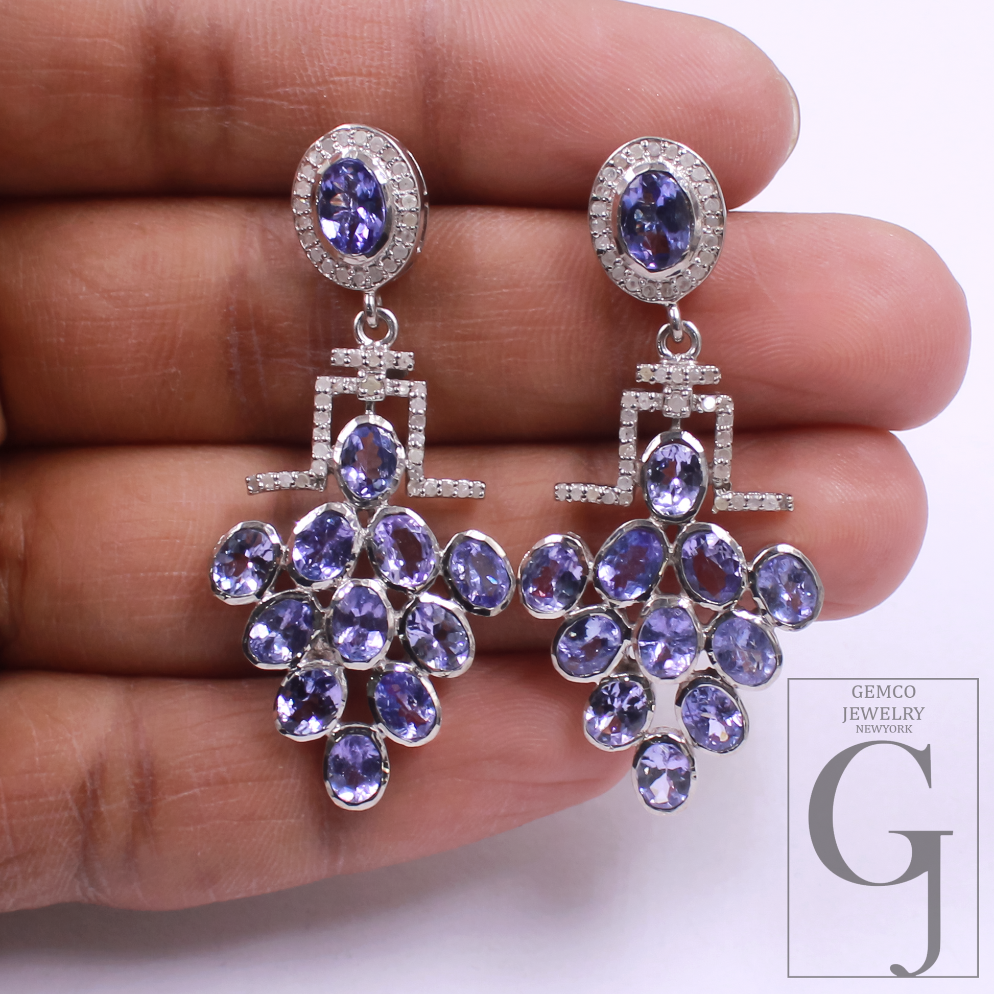 Natural Tanzanite Earring With Pave Diamonds In 925 Sterling Silver Handmade Earring With Natural Gemstone