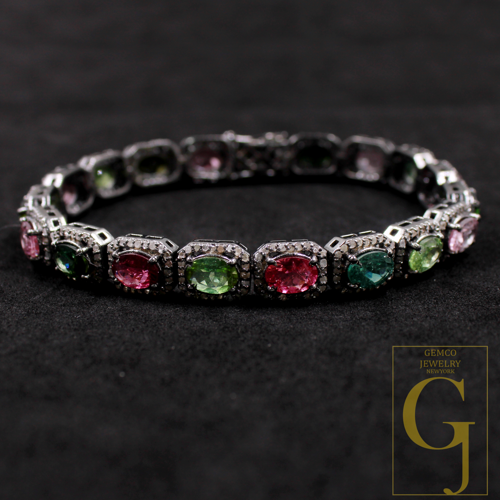 Multi Tourmaline Bracelet With Pave Rosecut Diamonds In 925 Sterling Silver Handmade Finish Multi Tourmaline Bracelet Wedding Jewelry