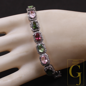 Multi Tourmaline Bracelet With Pave Rosecut Diamonds In 925 Sterling Silver Handmade Finish Multi Tourmaline Bracelet Wedding Jewelry
