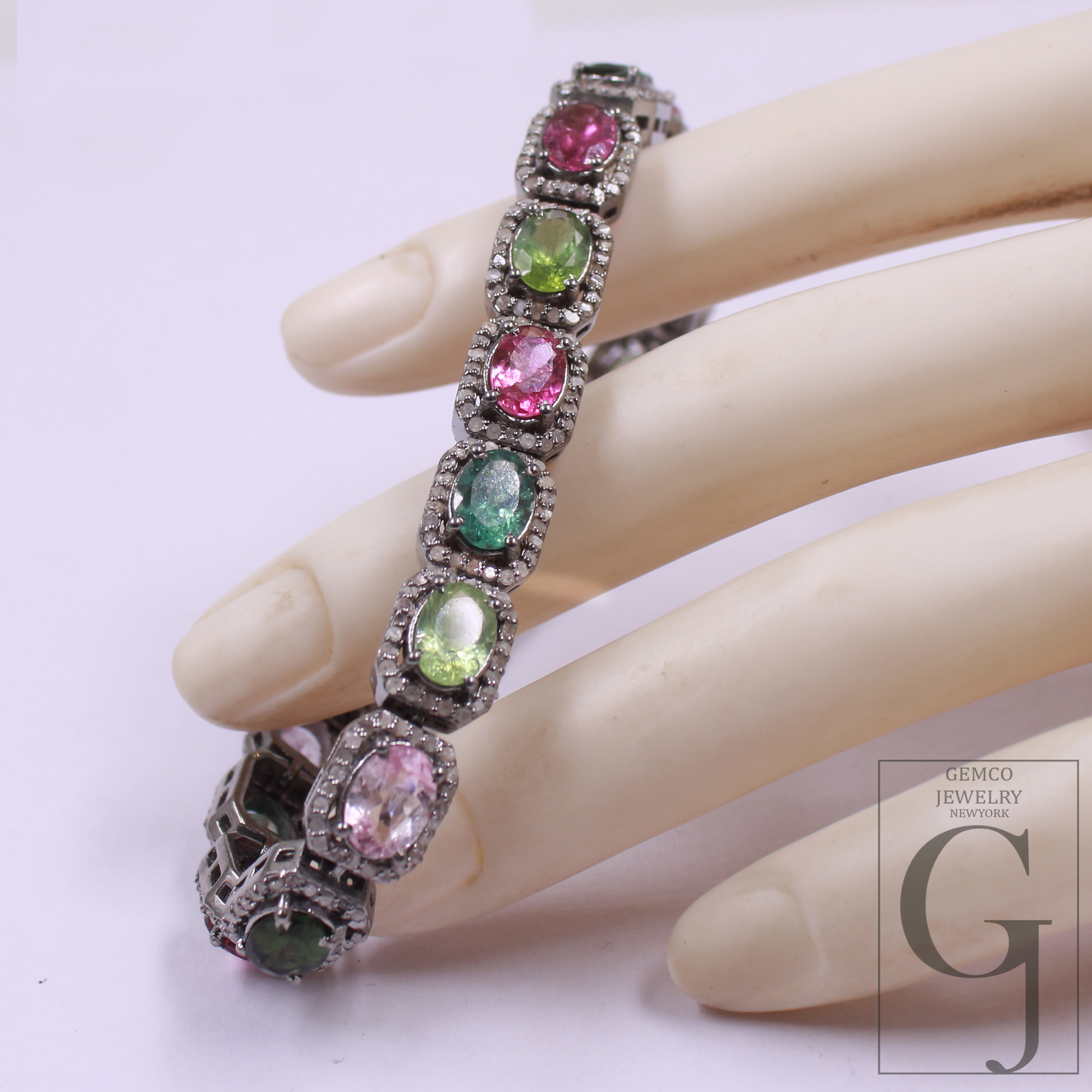 Multi Tourmaline Bracelet With Pave Rosecut Diamonds In 925 Sterling Silver Handmade Finish Multi Tourmaline Bracelet Wedding Jewelry