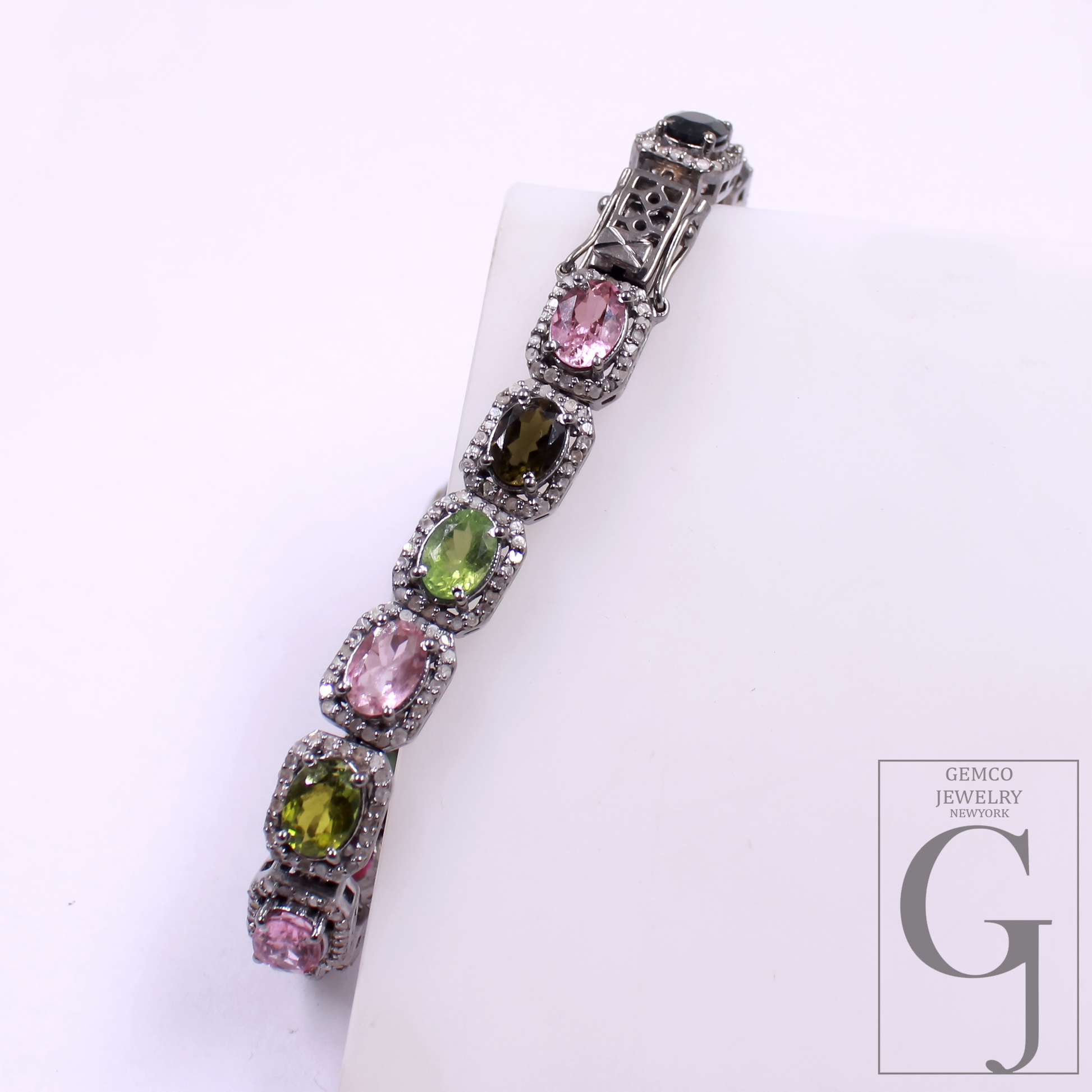 Multi Tourmaline Bracelet With Pave Rosecut Diamonds In 925 Sterling Silver Handmade Finish Multi Tourmaline Bracelet Wedding Jewelry