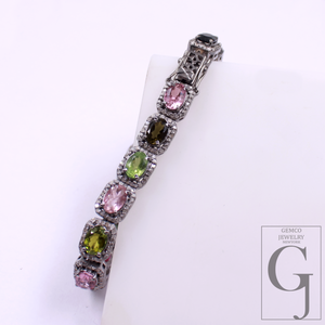 Multi Tourmaline Bracelet With Pave Rosecut Diamonds In 925 Sterling Silver Handmade Finish Multi Tourmaline Bracelet Wedding Jewelry