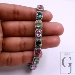 Multi Tourmaline Bracelet With Pave Rosecut Diamonds In 925 Sterling Silver Handmade Finish Multi Tourmaline Bracelet Wedding Jewelry