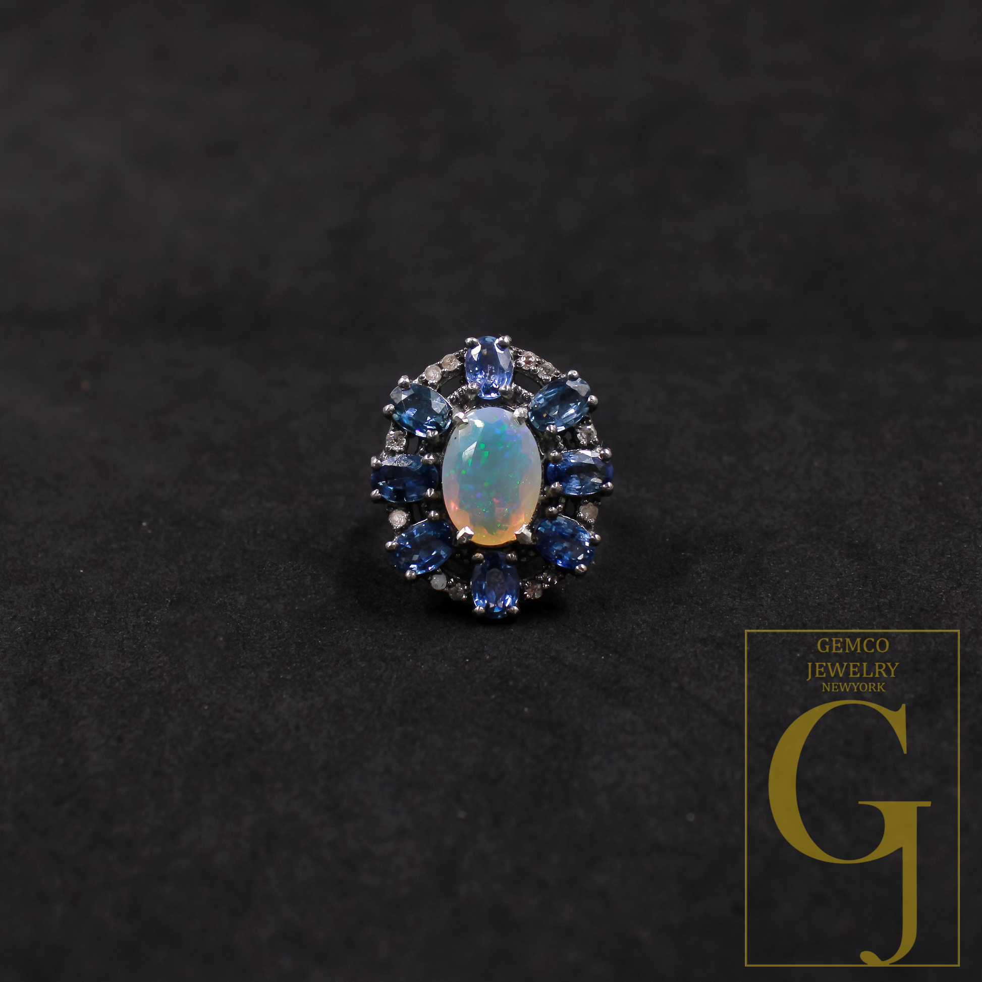 Natural Ethiopian Opal And Blue Sapphire Ring With Pave Diamonds In 925 Sterling Silver, Handmade Finish Diamond Ring