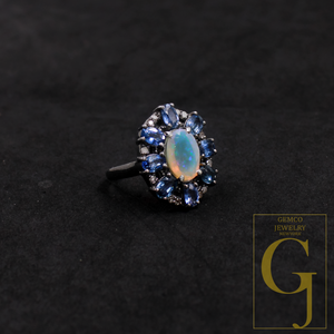 Natural Ethiopian Opal And Blue Sapphire Ring With Pave Diamonds In 925 Sterling Silver, Handmade Finish Diamond Ring