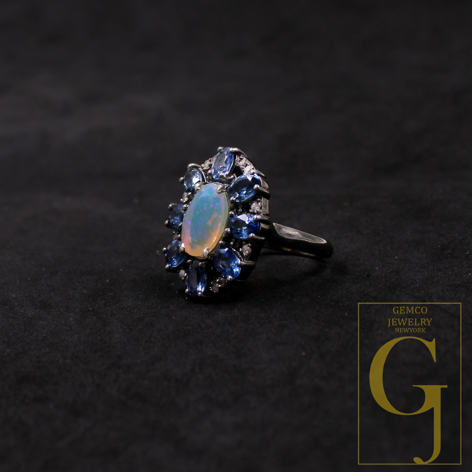Natural Ethiopian Opal And Blue Sapphire Ring With Pave Diamonds In 925 Sterling Silver, Handmade Finish Diamond Ring